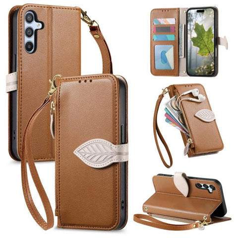 Leaf Buckle Zipper Wallet Leather Phone Case with Strap, For Samsung Galaxy S25+ 5G, For Samsung Galaxy S25 Ultra 5G, For Samsung Galaxy A06 4G, For Samsung Galaxy S24 FE 5G, For Samsung Galaxy M15 5G, For Samsung Galaxy A55 5G, For Samsung Galaxy A35 ...