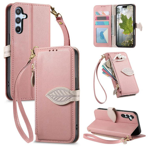 Leaf Buckle Zipper Wallet Leather Phone Case with Strap, For Samsung Galaxy S25+ 5G, For Samsung Galaxy S25 Ultra 5G, For Samsung Galaxy A06 4G, For Samsung Galaxy S24 FE 5G, For Samsung Galaxy M15 5G, For Samsung Galaxy A55 5G, For Samsung Galaxy A35 ...