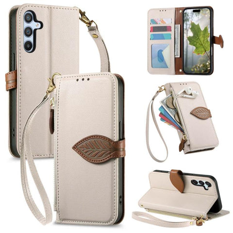 Leaf Buckle Zipper Wallet Leather Phone Case with Strap, For Samsung Galaxy S25+ 5G, For Samsung Galaxy S25 Ultra 5G, For Samsung Galaxy A06 4G, For Samsung Galaxy S24 FE 5G, For Samsung Galaxy M15 5G, For Samsung Galaxy A55 5G, For Samsung Galaxy A35 ...