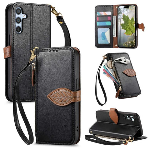 Leaf Buckle Zipper Wallet Leather Phone Case with Strap, For Samsung Galaxy S25+ 5G, For Samsung Galaxy S25 Ultra 5G, For Samsung Galaxy A06 4G, For Samsung Galaxy S24 FE 5G, For Samsung Galaxy M15 5G, For Samsung Galaxy A55 5G, For Samsung Galaxy A35 ...