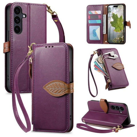 Leaf Buckle Zipper Wallet Leather Phone Case with Strap, For Samsung Galaxy S25+ 5G, For Samsung Galaxy S25 Ultra 5G, For Samsung Galaxy A06 4G, For Samsung Galaxy S24 FE 5G, For Samsung Galaxy M15 5G, For Samsung Galaxy A55 5G, For Samsung Galaxy A35 ...