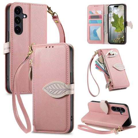 Leaf Buckle Zipper Wallet Leather Phone Case with Strap, For Samsung Galaxy S25+ 5G, For Samsung Galaxy S25 Ultra 5G, For Samsung Galaxy A06 4G, For Samsung Galaxy S24 FE 5G, For Samsung Galaxy M15 5G, For Samsung Galaxy A55 5G, For Samsung Galaxy A35 ...