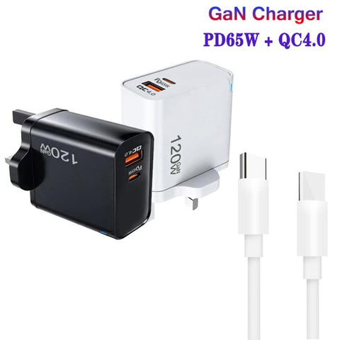 TE-PD65 GaN PD 65W + QC4.0 USB Charger with Type-C to Type-C Data Cable,  UK Plug