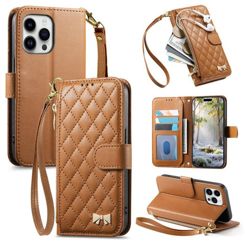 Rhombic Texture Zipper Wallet Metal Bow-knot Vegan Leather Phone Case with Strap, For iPhone 18 Pro / 17 Pro, For iPhone 18 Pro Max / 17 Pro Max, For iPhone 17, For iPhone Air, For  iPhone 16 Pro Max, For iPhone 16 Pro, For iPhone 16 Plus, For iPhone 1...