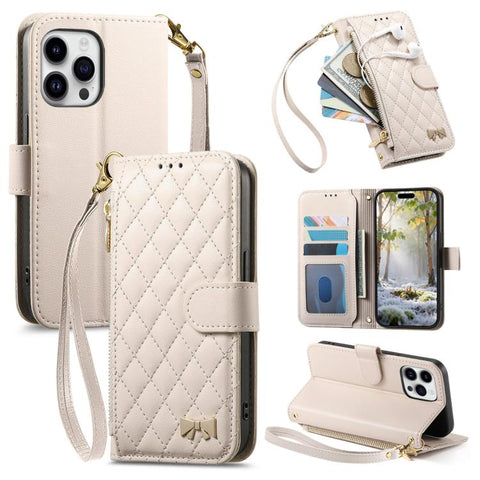 Rhombic Texture Zipper Wallet Metal Bow-knot Vegan Leather Phone Case with Strap, For iPhone 18 Pro / 17 Pro, For iPhone 18 Pro Max / 17 Pro Max, For iPhone 17, For iPhone Air, For  iPhone 16 Pro Max, For iPhone 16 Pro, For iPhone 16 Plus, For iPhone 1...