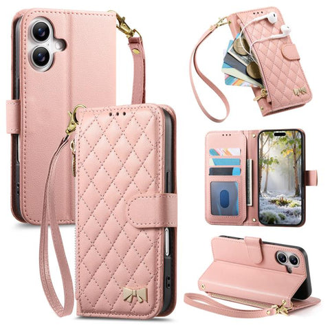 Rhombic Texture Zipper Wallet Metal Bow-knot Vegan Leather Phone Case with Strap, For iPhone 18 Pro / 17 Pro, For iPhone 18 Pro Max / 17 Pro Max, For iPhone 17, For iPhone Air, For  iPhone 16 Pro Max, For iPhone 16 Pro, For iPhone 16 Plus, For iPhone 1...