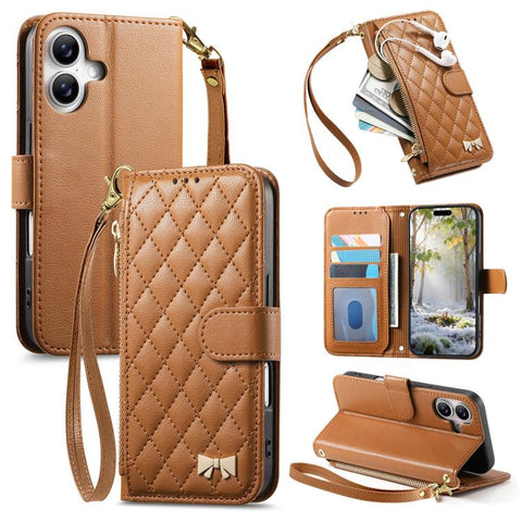 Rhombic Texture Zipper Wallet Metal Bow-knot Vegan Leather Phone Case with Strap, For iPhone 18 Pro / 17 Pro, For iPhone 18 Pro Max / 17 Pro Max, For iPhone 17, For iPhone Air, For  iPhone 16 Pro Max, For iPhone 16 Pro, For iPhone 16 Plus, For iPhone 1...