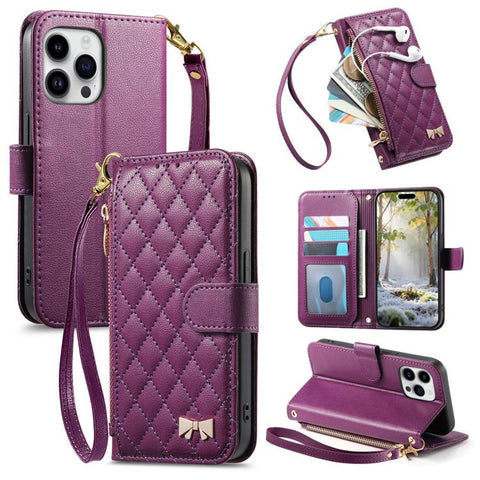 Rhombic Texture Zipper Wallet Metal Bow-knot Vegan Leather Phone Case with Strap, For iPhone 18 Pro / 17 Pro, For iPhone 18 Pro Max / 17 Pro Max, For iPhone 17, For iPhone Air, For  iPhone 16 Pro Max, For iPhone 16 Pro, For iPhone 16 Plus, For iPhone 1...