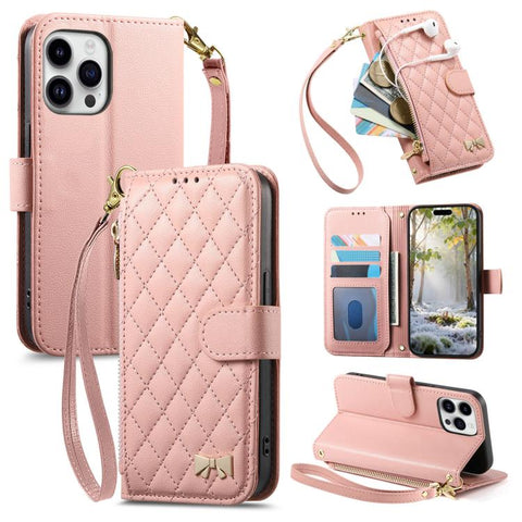 Rhombic Texture Zipper Wallet Metal Bow-knot Vegan Leather Phone Case with Strap, For iPhone 18 Pro / 17 Pro, For iPhone 18 Pro Max / 17 Pro Max, For iPhone 17, For iPhone Air, For  iPhone 16 Pro Max, For iPhone 16 Pro, For iPhone 16 Plus, For iPhone 1...