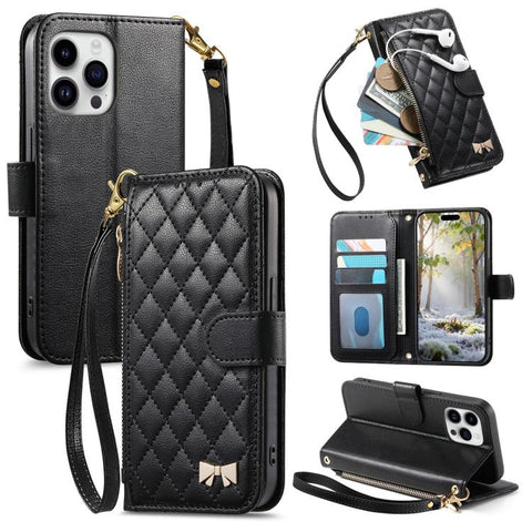 Rhombic Texture Zipper Wallet Metal Bow-knot Vegan Leather Phone Case with Strap, For iPhone 18 Pro / 17 Pro, For iPhone 18 Pro Max / 17 Pro Max, For iPhone 17, For iPhone Air, For  iPhone 16 Pro Max, For iPhone 16 Pro, For iPhone 16 Plus, For iPhone 1...
