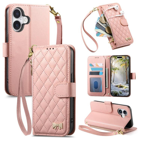 Rhombic Texture Zipper Wallet Metal Bow-knot Vegan Leather Phone Case with Strap, For iPhone 18 Pro / 17 Pro, For iPhone 18 Pro Max / 17 Pro Max, For iPhone 17, For iPhone Air, For  iPhone 16 Pro Max, For iPhone 16 Pro, For iPhone 16 Plus, For iPhone 1...