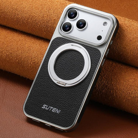 Suteni G6 Large Litchi Texture Electroplated 360 Rotation Holder Magnetic Phone Case, For iPhone 18 Pro / 17 Pro, For iPhone 18 Pro Max / 17 Pro Max, For iPhone 17, For iPhone 16 Pro Max, For iPhone 16 Pro, For iPhone 16, For iPhone 15 Pro Max         ...