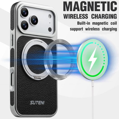 Suteni G6 Large Litchi Texture Electroplated 360 Rotation Holder Magnetic Phone Case, For iPhone 18 Pro / 17 Pro, For iPhone 18 Pro Max / 17 Pro Max, For iPhone 17, For iPhone 16 Pro Max, For iPhone 16 Pro, For iPhone 16, For iPhone 15 Pro Max         ...