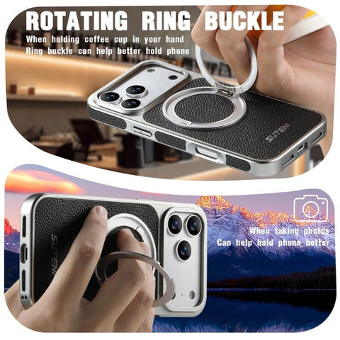 Suteni G6 Large Litchi Texture Electroplated 360 Rotation Holder Magnetic Phone Case, For iPhone 18 Pro / 17 Pro, For iPhone 18 Pro Max / 17 Pro Max, For iPhone 17, For iPhone 16 Pro Max, For iPhone 16 Pro, For iPhone 16, For iPhone 15 Pro Max         ...