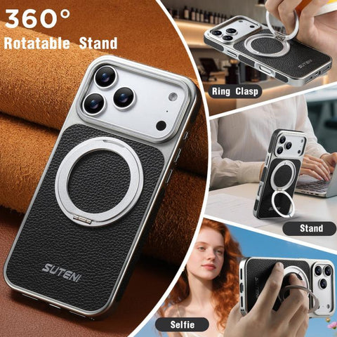 Suteni G6 Large Litchi Texture Electroplated 360 Rotation Holder Magnetic Phone Case, For iPhone 18 Pro / 17 Pro, For iPhone 18 Pro Max / 17 Pro Max, For iPhone 17, For iPhone 16 Pro Max, For iPhone 16 Pro, For iPhone 16, For iPhone 15 Pro Max         ...
