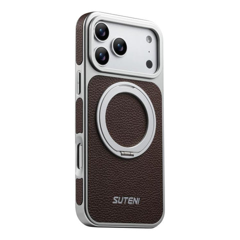 Suteni G6 Large Litchi Texture Electroplated 360 Rotation Holder Magnetic Phone Case, For iPhone 18 Pro / 17 Pro, For iPhone 18 Pro Max / 17 Pro Max, For iPhone 17, For iPhone 16 Pro Max, For iPhone 16 Pro, For iPhone 16, For iPhone 15 Pro Max         ...
