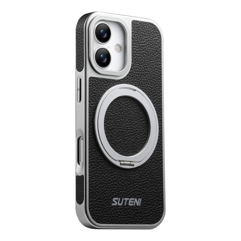 Suteni G6 Large Litchi Texture Electroplated 360 Rotation Holder Magnetic Phone Case, For iPhone 18 Pro / 17 Pro, For iPhone 18 Pro Max / 17 Pro Max, For iPhone 17, For iPhone 16 Pro Max, For iPhone 16 Pro, For iPhone 16, For iPhone 15 Pro Max         ...