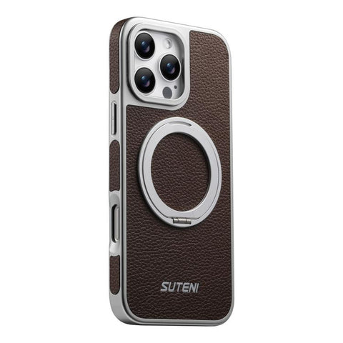 Suteni G6 Large Litchi Texture Electroplated 360 Rotation Holder Magnetic Phone Case, For iPhone 18 Pro / 17 Pro, For iPhone 18 Pro Max / 17 Pro Max, For iPhone 17, For iPhone 16 Pro Max, For iPhone 16 Pro, For iPhone 16, For iPhone 15 Pro Max         ...