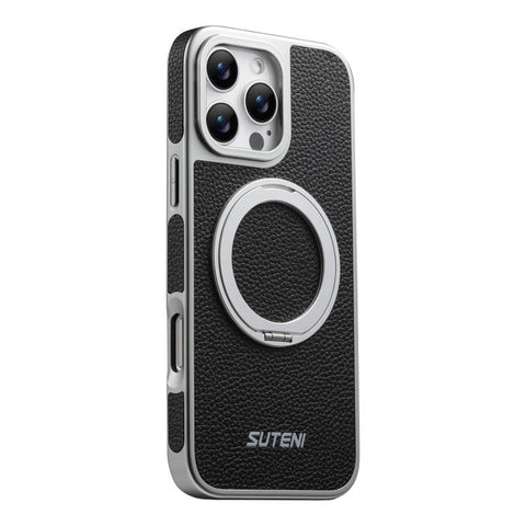 Suteni G6 Large Litchi Texture Electroplated 360 Rotation Holder Magnetic Phone Case, For iPhone 18 Pro / 17 Pro, For iPhone 18 Pro Max / 17 Pro Max, For iPhone 17, For iPhone 16 Pro Max, For iPhone 16 Pro, For iPhone 16, For iPhone 15 Pro Max         ...