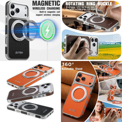 Suteni G6 Large Litchi Texture Electroplated 360 Rotation Holder Magnetic Phone Case, For iPhone 18 Pro / 17 Pro, For iPhone 18 Pro Max / 17 Pro Max, For iPhone 17, For iPhone 16 Pro Max, For iPhone 16 Pro, For iPhone 16, For iPhone 15 Pro Max         ...