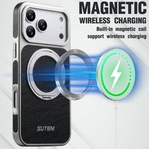 Suteni G6 Crazy Horse Texture Electroplated 360 Rotation Holder Magnetic Phone Case, For iPhone 18 Pro / 17 Pro, For iPhone 18 Pro Max / 17 Pro Max, For iPhone 17, For iPhone 16 Pro Max, For iPhone 16 Pro, For iPhone 16, For iPhone 15 Pro Max          ...