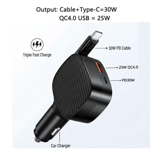 F02 70cm Type-C Cable + PD3.0 + USB 3 in 1 Car Charger, F02
