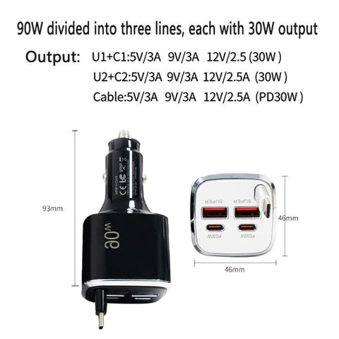 F01 40cm Type-C Cable, PD3.0 and QC3.0 USB Multifunctional Car Charger, F01 (Black), F01 (White)