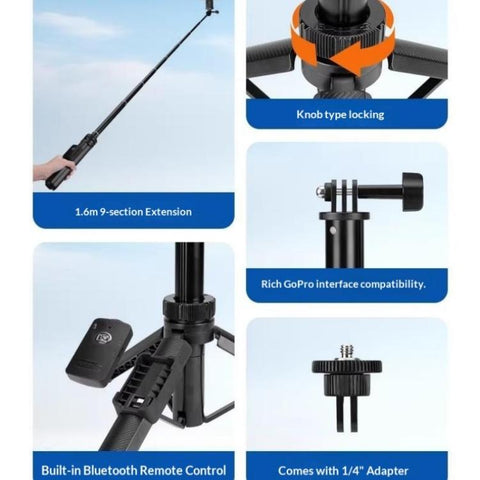 YUNTENG VCT-363 For Smartphone / DJI Pocket 3 Extension Pole Selfie Stick Tripod Stand, VCT-363