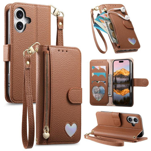 Fantasy Love Heart Zipper Wallet Vegan Leather Phone Case with Strap, For iPhone 18 Pro / 17 Pro, For iPhone 18 Pro Max / 17 Pro Max, For iPhone 17, For iPhone Air, For iPhone 16 Pro Max, For iPhone 16 Pro, For iPhone 16 Plus, For iPhone 16            ...