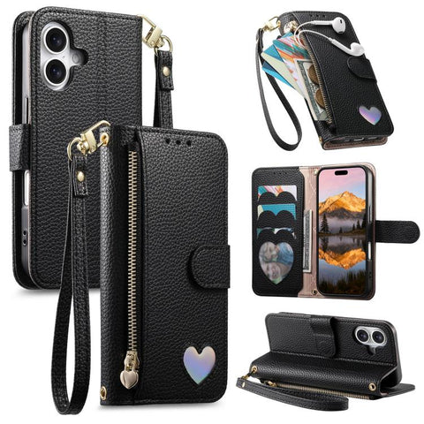 Fantasy Love Heart Zipper Wallet Vegan Leather Phone Case with Strap, For iPhone 18 Pro / 17 Pro, For iPhone 18 Pro Max / 17 Pro Max, For iPhone 17, For iPhone Air, For iPhone 16 Pro Max, For iPhone 16 Pro, For iPhone 16 Plus, For iPhone 16            ...