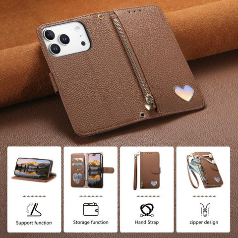 Fantasy Love Heart Zipper Wallet Vegan Leather Phone Case with Strap, For iPhone 18 Pro / 17 Pro, For iPhone 18 Pro Max / 17 Pro Max, For iPhone 17, For iPhone Air, For iPhone 16 Pro Max, For iPhone 16 Pro, For iPhone 16 Plus, For iPhone 16            ...