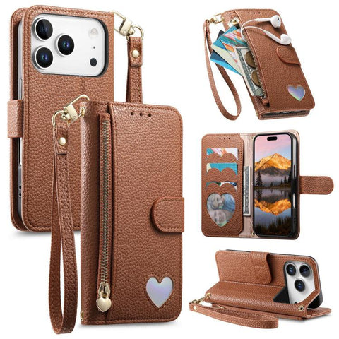 Fantasy Love Heart Zipper Wallet Vegan Leather Phone Case with Strap, For iPhone 18 Pro / 17 Pro, For iPhone 18 Pro Max / 17 Pro Max, For iPhone 17, For iPhone Air, For iPhone 16 Pro Max, For iPhone 16 Pro, For iPhone 16 Plus, For iPhone 16            ...