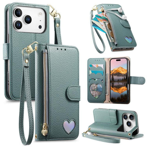 Fantasy Love Heart Zipper Wallet Vegan Leather Phone Case with Strap, For iPhone 18 Pro / 17 Pro, For iPhone 18 Pro Max / 17 Pro Max, For iPhone 17, For iPhone Air, For iPhone 16 Pro Max, For iPhone 16 Pro, For iPhone 16 Plus, For iPhone 16            ...