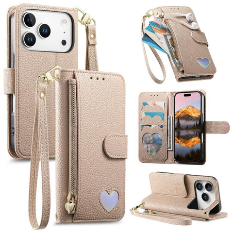 Fantasy Love Heart Zipper Wallet Vegan Leather Phone Case with Strap, For iPhone 18 Pro / 17 Pro, For iPhone 18 Pro Max / 17 Pro Max, For iPhone 17, For iPhone Air, For iPhone 16 Pro Max, For iPhone 16 Pro, For iPhone 16 Plus, For iPhone 16            ...