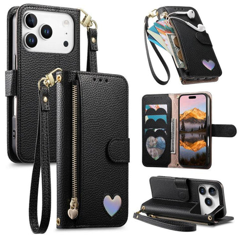 Fantasy Love Heart Zipper Wallet Vegan Leather Phone Case with Strap, For iPhone 18 Pro / 17 Pro, For iPhone 18 Pro Max / 17 Pro Max, For iPhone 17, For iPhone Air, For iPhone 16 Pro Max, For iPhone 16 Pro, For iPhone 16 Plus, For iPhone 16            ...