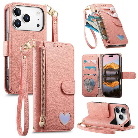 Fantasy Love Heart Zipper Wallet Vegan Leather Phone Case with Strap, For iPhone 18 Pro / 17 Pro, For iPhone 18 Pro Max / 17 Pro Max, For iPhone 17, For iPhone Air, For iPhone 16 Pro Max, For iPhone 16 Pro, For iPhone 16 Plus, For iPhone 16            ...