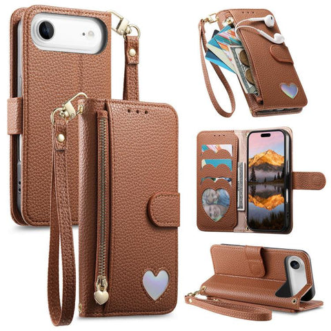 Fantasy Love Heart Zipper Wallet Vegan Leather Phone Case with Strap, For iPhone 18 Pro / 17 Pro, For iPhone 18 Pro Max / 17 Pro Max, For iPhone 17, For iPhone Air, For iPhone 16 Pro Max, For iPhone 16 Pro, For iPhone 16 Plus, For iPhone 16            ...