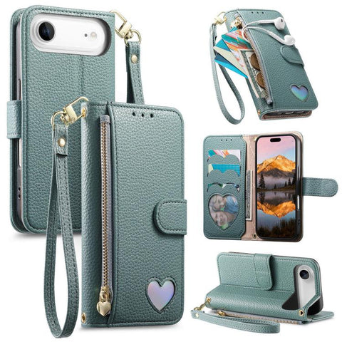 Fantasy Love Heart Zipper Wallet Vegan Leather Phone Case with Strap, For iPhone 18 Pro / 17 Pro, For iPhone 18 Pro Max / 17 Pro Max, For iPhone 17, For iPhone Air, For iPhone 16 Pro Max, For iPhone 16 Pro, For iPhone 16 Plus, For iPhone 16            ...