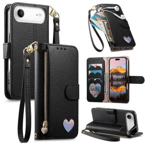 Fantasy Love Heart Zipper Wallet Vegan Leather Phone Case with Strap, For iPhone 18 Pro / 17 Pro, For iPhone 18 Pro Max / 17 Pro Max, For iPhone 17, For iPhone Air, For iPhone 16 Pro Max, For iPhone 16 Pro, For iPhone 16 Plus, For iPhone 16            ...