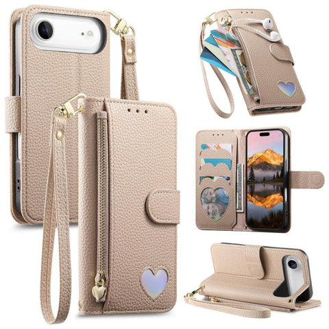 Fantasy Love Heart Zipper Wallet Vegan Leather Phone Case with Strap, For iPhone 18 Pro / 17 Pro, For iPhone 18 Pro Max / 17 Pro Max, For iPhone 17, For iPhone Air, For iPhone 16 Pro Max, For iPhone 16 Pro, For iPhone 16 Plus, For iPhone 16            ...