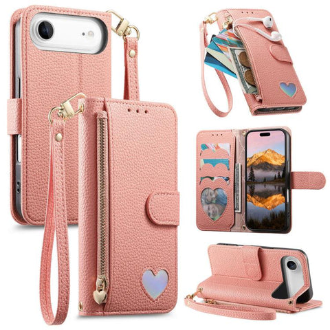 Fantasy Love Heart Zipper Wallet Vegan Leather Phone Case with Strap, For iPhone 18 Pro / 17 Pro, For iPhone 18 Pro Max / 17 Pro Max, For iPhone 17, For iPhone Air, For iPhone 16 Pro Max, For iPhone 16 Pro, For iPhone 16 Plus, For iPhone 16            ...