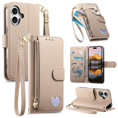 Fantasy Love Heart Zipper Wallet Vegan Leather Phone Case with Strap, For iPhone 18 Pro / 17 Pro, For iPhone 18 Pro Max / 17 Pro Max, For iPhone 17, For iPhone Air, For iPhone 16 Pro Max, For iPhone 16 Pro, For iPhone 16 Plus, For iPhone 16            ...