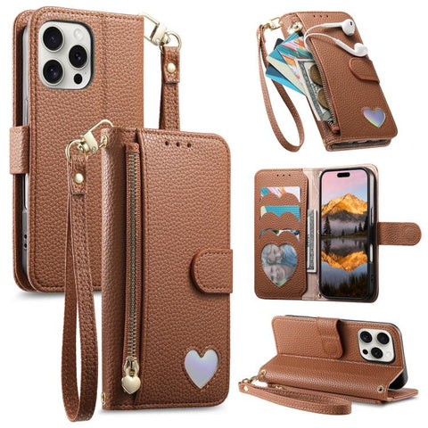 Fantasy Love Heart Zipper Wallet Vegan Leather Phone Case with Strap, For iPhone 18 Pro / 17 Pro, For iPhone 18 Pro Max / 17 Pro Max, For iPhone 17, For iPhone Air, For iPhone 16 Pro Max, For iPhone 16 Pro, For iPhone 16 Plus, For iPhone 16            ...
