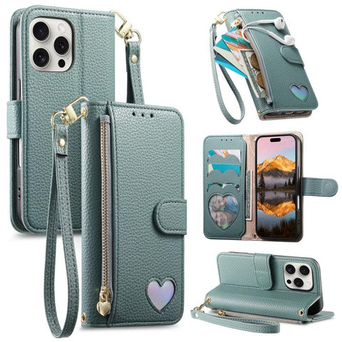 Fantasy Love Heart Zipper Wallet Vegan Leather Phone Case with Strap, For iPhone 18 Pro / 17 Pro, For iPhone 18 Pro Max / 17 Pro Max, For iPhone 17, For iPhone Air, For iPhone 16 Pro Max, For iPhone 16 Pro, For iPhone 16 Plus, For iPhone 16            ...