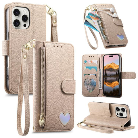 Fantasy Love Heart Zipper Wallet Vegan Leather Phone Case with Strap, For iPhone 18 Pro / 17 Pro, For iPhone 18 Pro Max / 17 Pro Max, For iPhone 17, For iPhone Air, For iPhone 16 Pro Max, For iPhone 16 Pro, For iPhone 16 Plus, For iPhone 16            ...