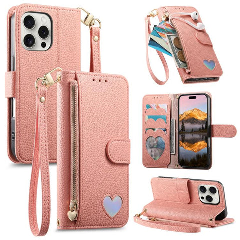 Fantasy Love Heart Zipper Wallet Vegan Leather Phone Case with Strap, For iPhone 18 Pro / 17 Pro, For iPhone 18 Pro Max / 17 Pro Max, For iPhone 17, For iPhone Air, For iPhone 16 Pro Max, For iPhone 16 Pro, For iPhone 16 Plus, For iPhone 16            ...