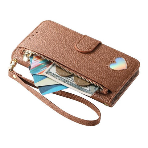 Fantasy Love Heart Zipper Wallet Vegan Leather Phone Case with Strap, For iPhone 13