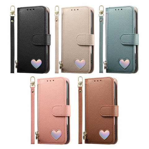 Fantasy Love Heart Zipper Wallet Vegan Leather Phone Case with Strap, For iPhone 18 Pro / 17 Pro, For iPhone 18 Pro Max / 17 Pro Max, For iPhone 17, For iPhone Air, For iPhone 16 Pro Max, For iPhone 16 Pro, For iPhone 16 Plus, For iPhone 16            ...