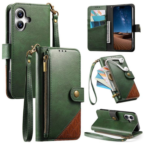 Splicing Zipper Wallet Vegan Leather Phone Case with Strap, For iPhone 18 Pro / 17 Pro, For iPhone 18 Pro Max / 17 Pro Max, For iPhone 17, For iPhone Air, For iPhone 16 Pro Max, For iPhone 16 Pro, For iPhone 16 Plus, For iPhone 16
