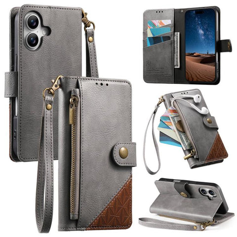 Splicing Zipper Wallet Vegan Leather Phone Case with Strap, For iPhone 18 Pro / 17 Pro, For iPhone 18 Pro Max / 17 Pro Max, For iPhone 17, For iPhone Air, For iPhone 16 Pro Max, For iPhone 16 Pro, For iPhone 16 Plus, For iPhone 16